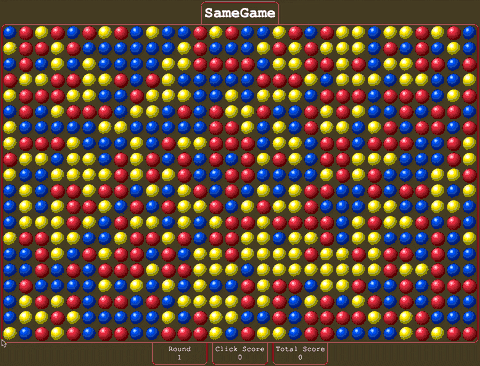 A bot playing SameGame in the browser, clearing board after board with moves found by bitbeam